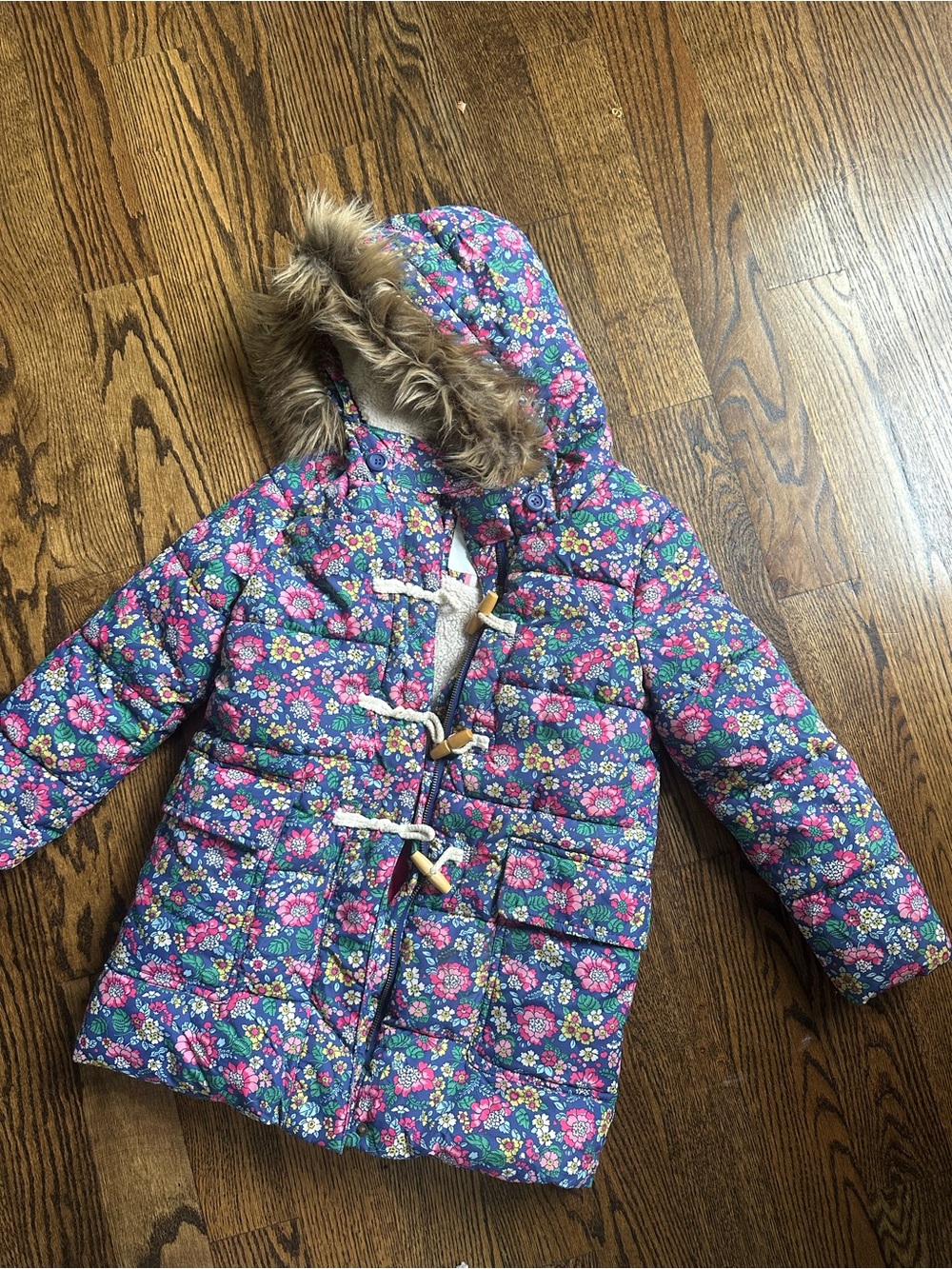 Girls size 7/8 Floral Hooded Jacket with Faux Fur
